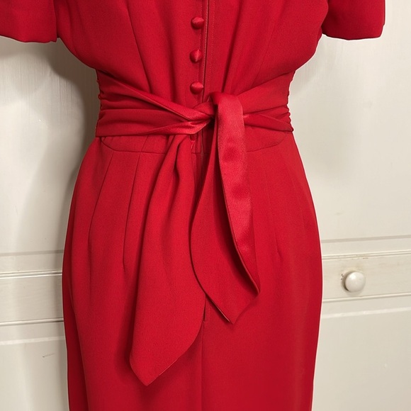 Donna Morgan Woman’s Petite Red Dress with Tie Belt Sz 6 Short Sleeve Lace - Picture 9 of 12